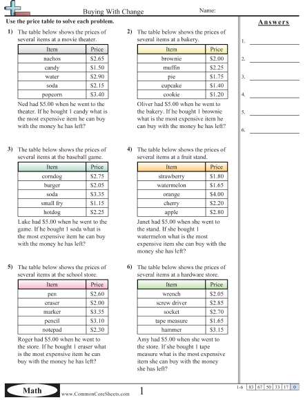 4.md.2 Worksheets - Buying With Change worksheet